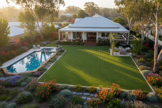 Aerial view of a lush green Australian residential backyard lawn in winter