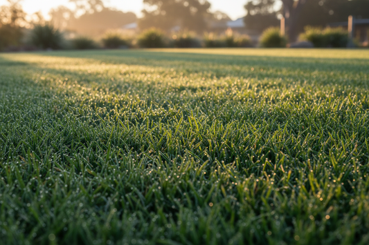  Lush green Australian lawn with dew on grass blades in soft winter morning light
