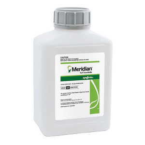 Syngenta Meridian Turf Insecticide 1 kg in a white bottle with a grey cap and green-and-white label.
