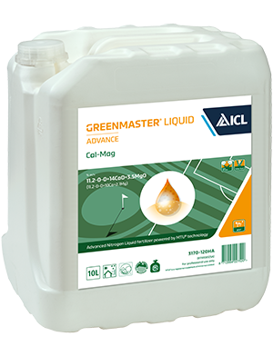 "ICL Greenmaster Liquid Advance Cal-Mag 10L liquid fertiliser container – 11.2-0-0 + 10.0Ca + Mg turf nutrition"
