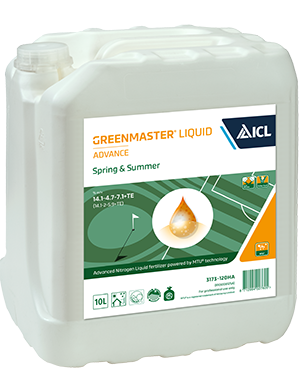 "Greenmaster Liquid Advance Spring & Summer 10L liquid turf fertiliser by ICL in a white 10-litre container"