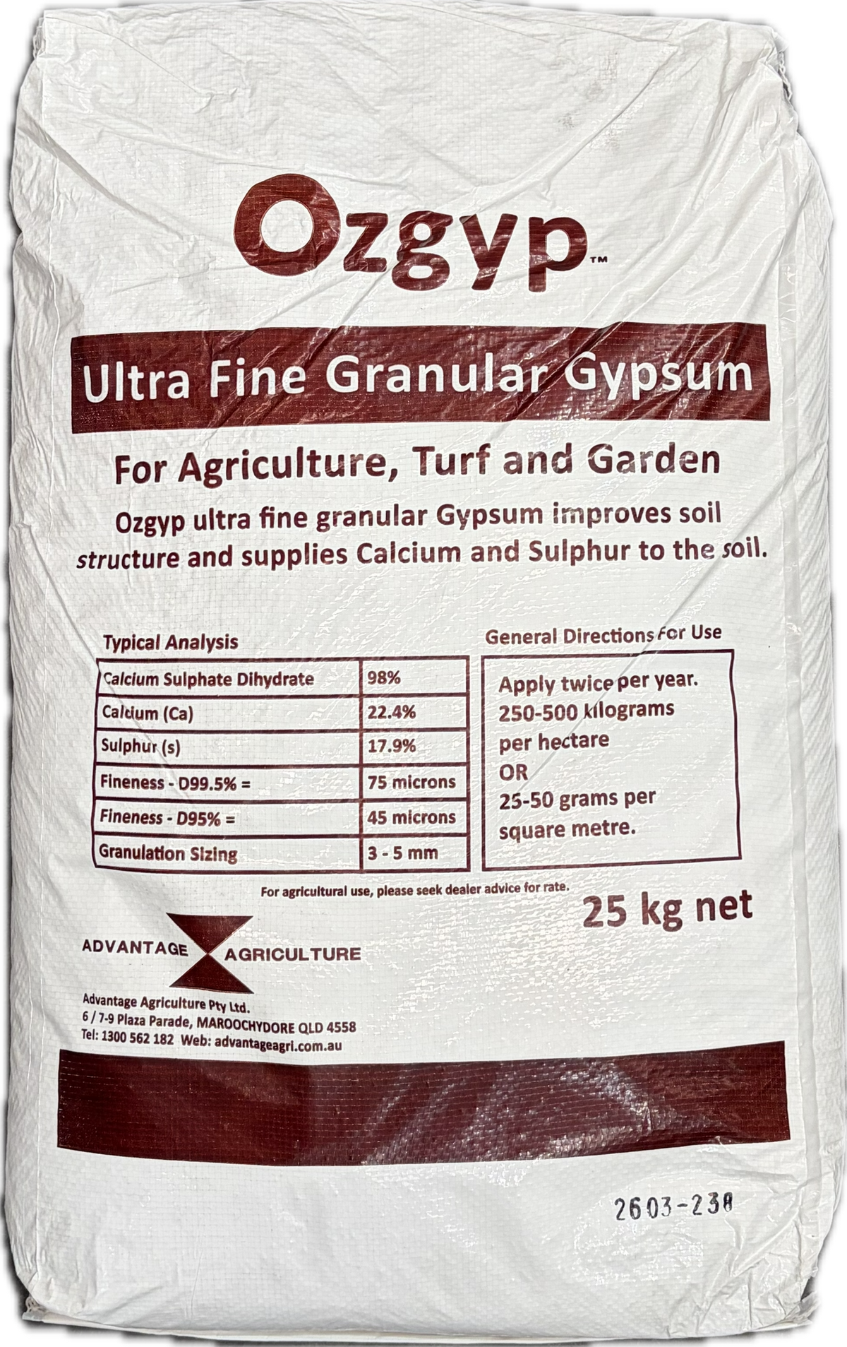 "Ozgyp ultra fine gypsum granules in a 25kg bag — premium calcium and sulphur soil conditioner for Australian lawns and turf"