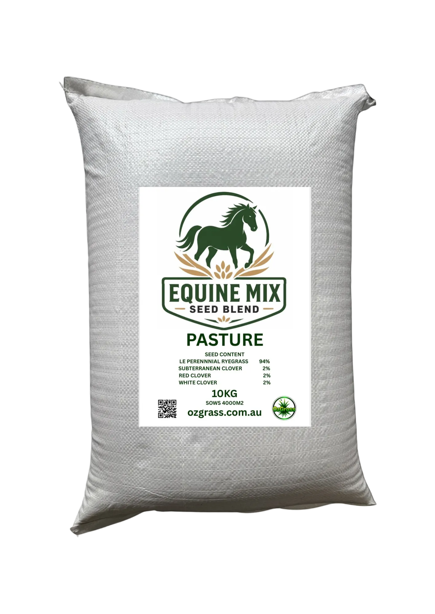 OzGrass Equine Mix Pasture Seed Blend 10KG bag - low endophyte perennial ryegrass with clover, sows 4000m², Australia