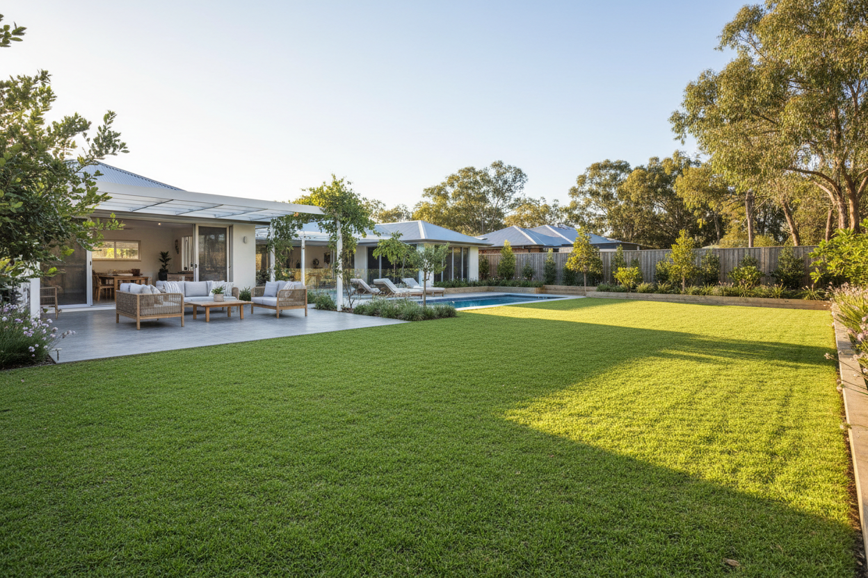 "Established Bermuda couch grass lawn grown from Dominator™ Turf Plugs in an Australian backyard | OzGrass"