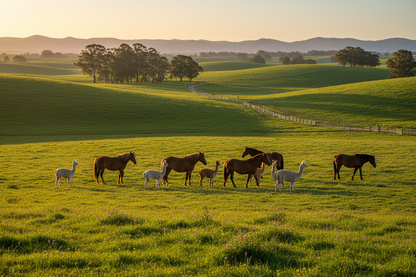 Horses and alpacas in a paddock