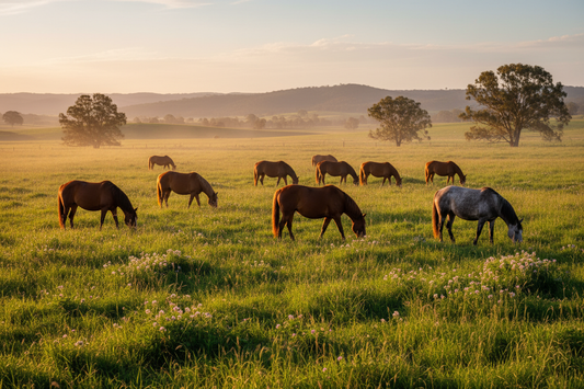 Horses grazing on lush green pasture established with OzGrass Pasture Seed Blend