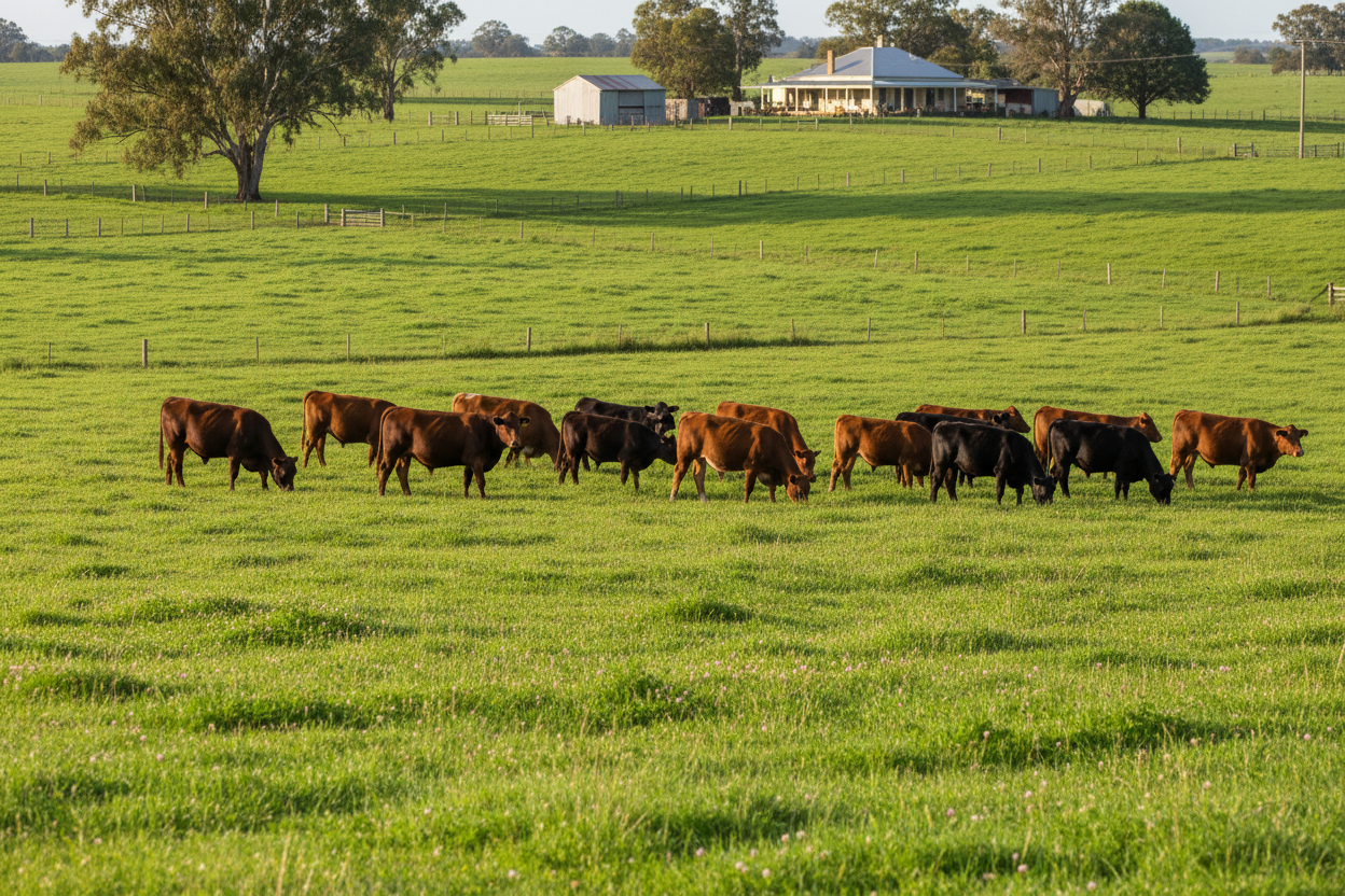 Cows grazing on productive pasture established with OzGrass Pasture Seed Blend
